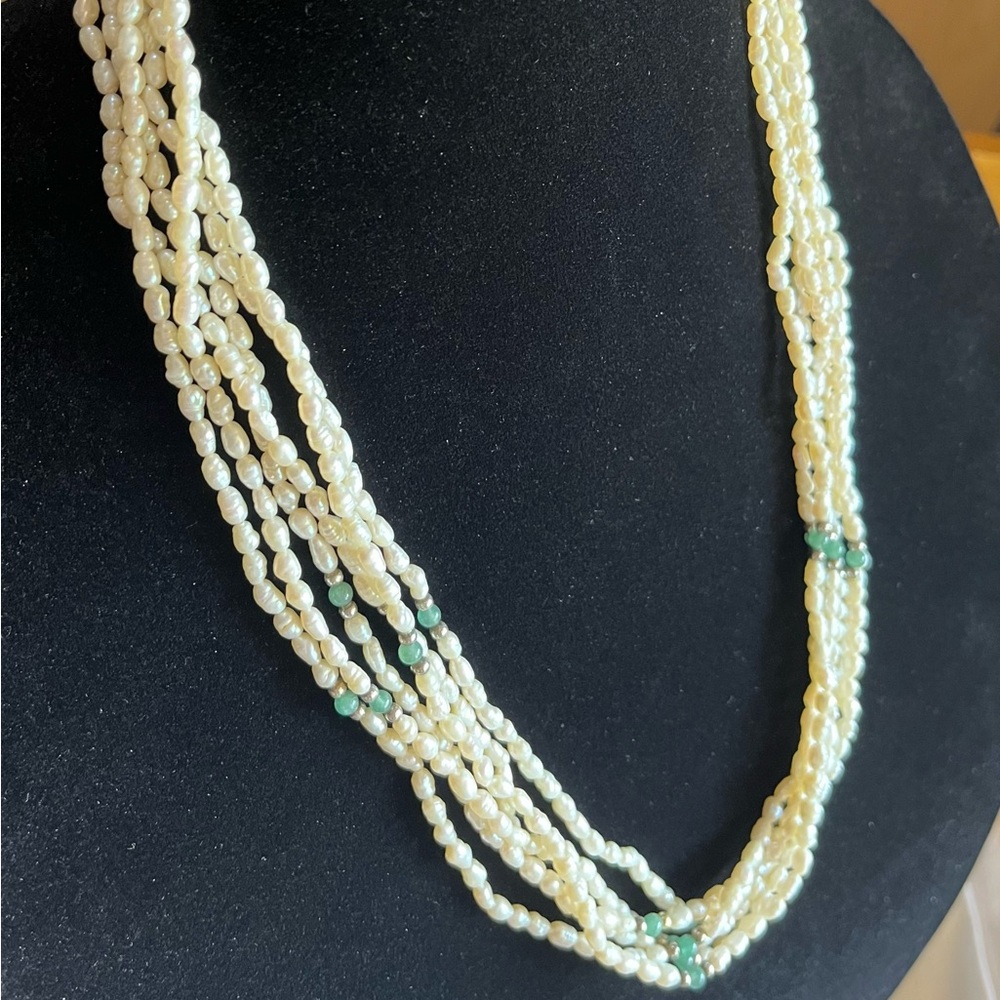 Rice Pearl, Jade, and Gold beaded 6-strand Necklace in Gift Box